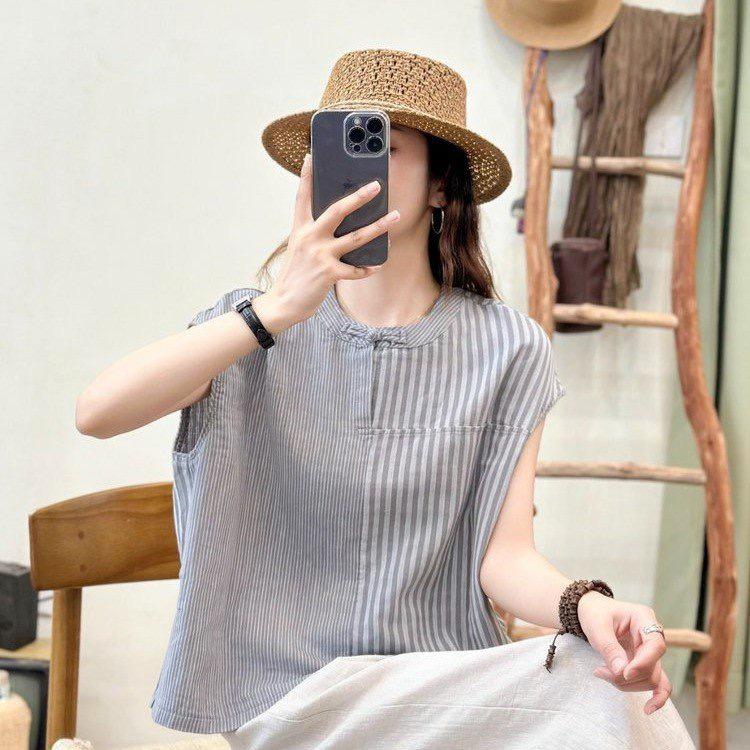 夏季无袖复古短袖2025女装新款显瘦衬衫宽松百搭条纹上衣衬衣遮肉