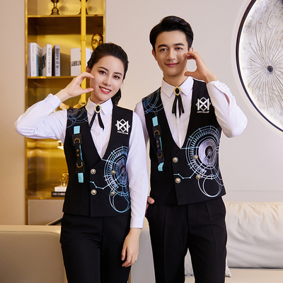 新款餐厅酒吧工作服长袖男女秋冬装衬衫酒店KTV服务员荷官黑马甲