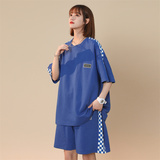 2023夏季中性风短袖绿格拼接卫衣套装男女运动XZ229-1TZ03P85，男装休闲套装，星座301A-2