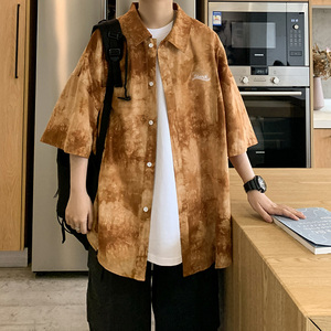 2021春季新款男女BF街头复古港风宽松扎染衬衫 XZ229-1 C7766 P45图片