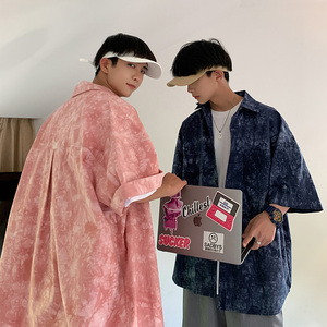 2021男女BF街头港风竹节纹扎染短袖印花衬衫  XZ229-1C8807 P45图片