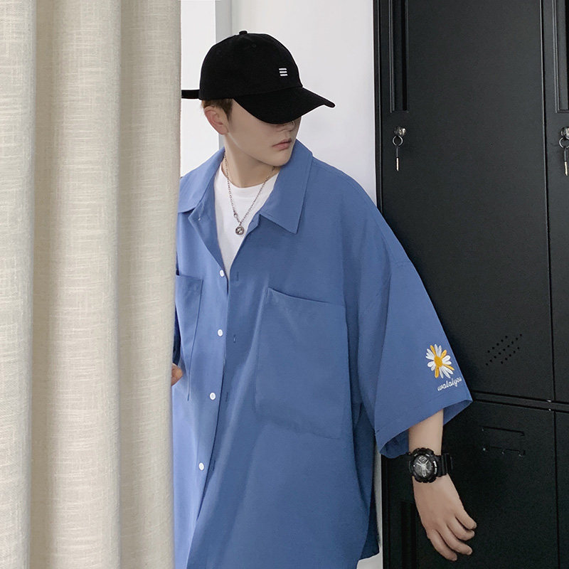特宽松雏菊衬衫男短袖加肥加大码夏季薄外套 XZ229-1 C7789 P45图片