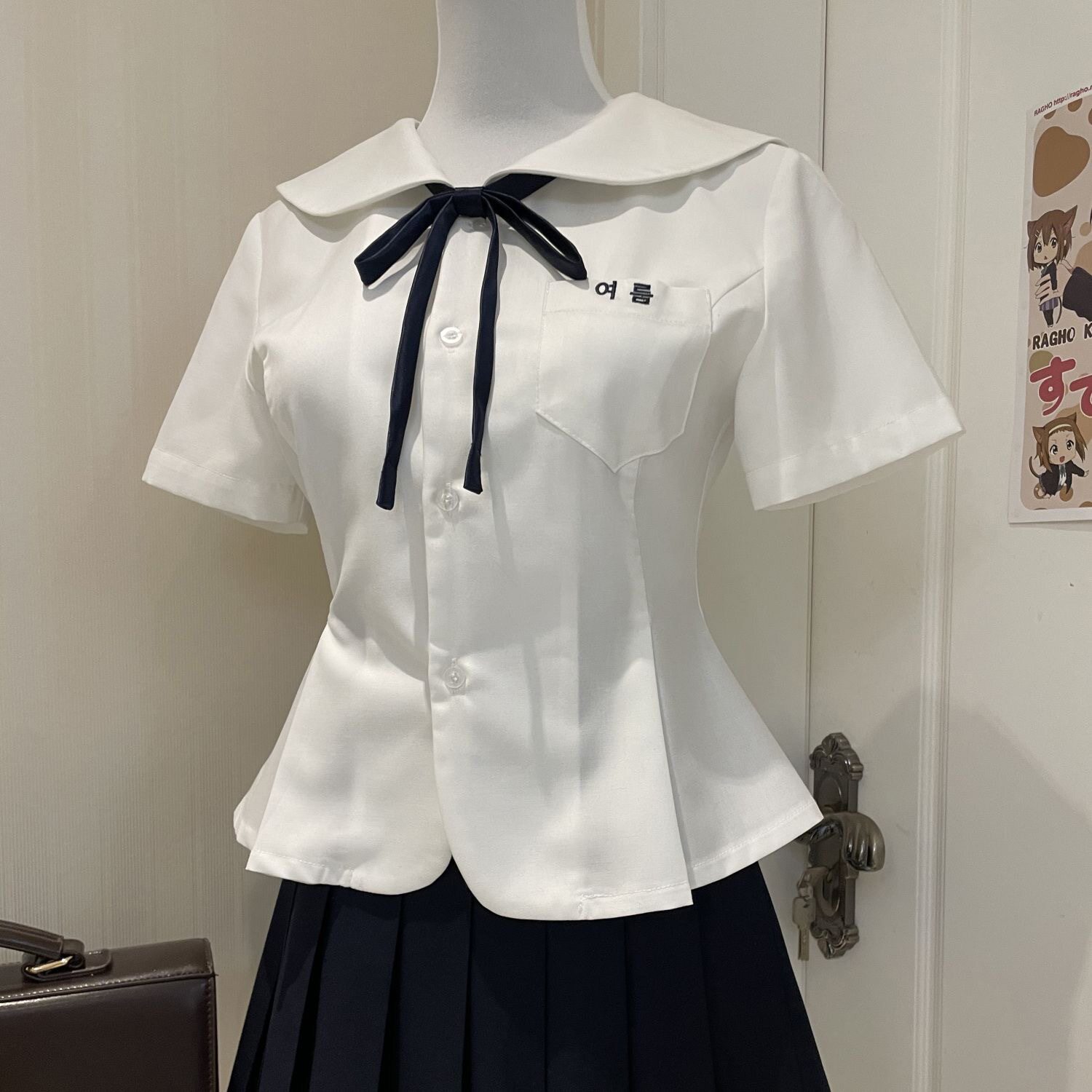 小栀JK制服原创娃娃领短袖衬衫日系收腰花瓣可爱学院短裙套装上衣