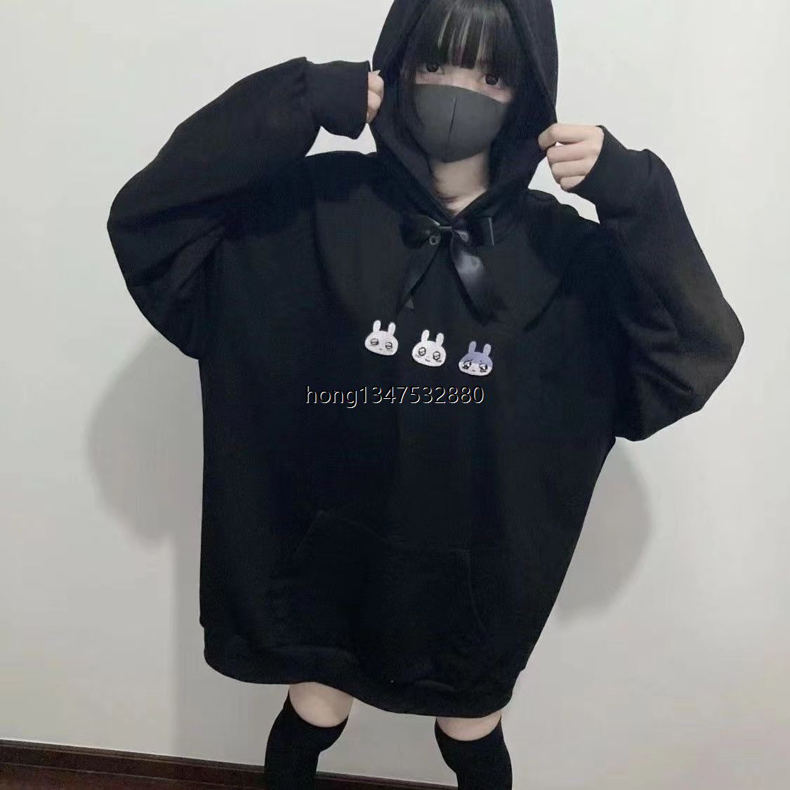 喵屋350g纯棉日系可爱地雷兔连帽衫学生软妹上衣连帽卫衣女