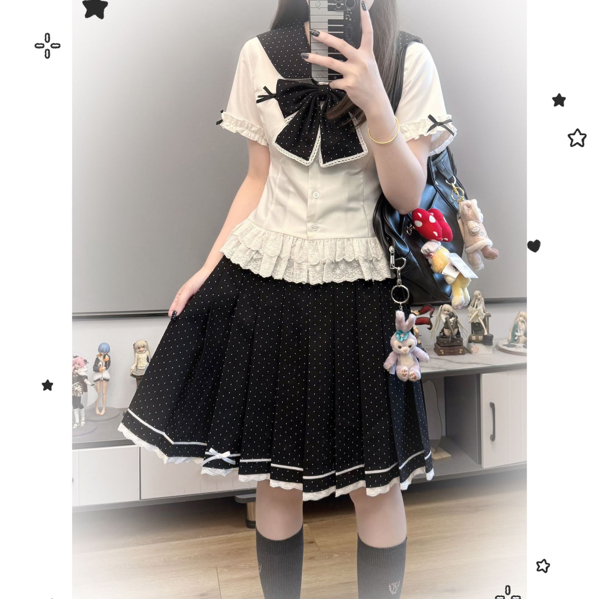 星愿结/零度句号原创黑色波点领短袖衬衫jk学院风波点裙套装女夏