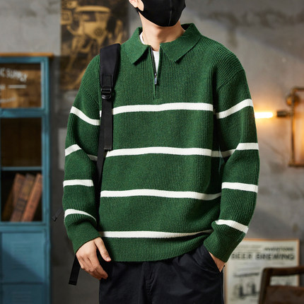 半拉链条纹加厚毛衣男士春秋2025新款潮流百搭保暖翻领针织衫外套