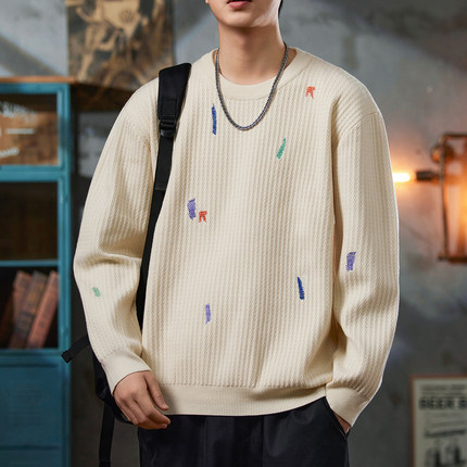 2025秋冬季男新款圆领刺绣针织衫休闲宽松青年打底衫时尚百搭毛衣