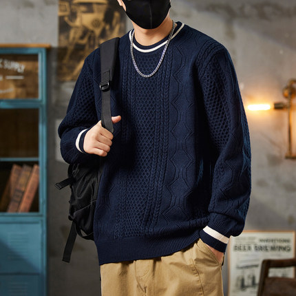 美式复古精纺麻花针织衫男潮流新款休闲拼色圆领毛衣男款冬季加厚