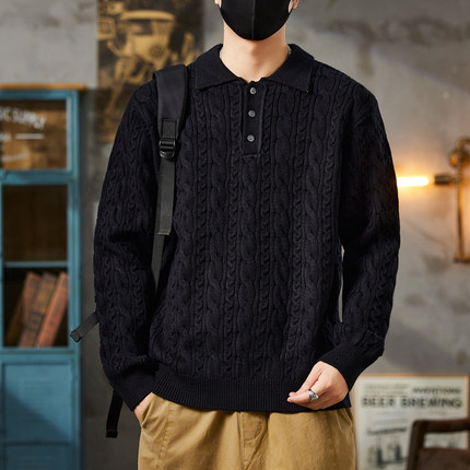 英伦复古加厚保暖衣翻领羊毛衫男时尚商务绅士麻绳绞花毛衣男冬季