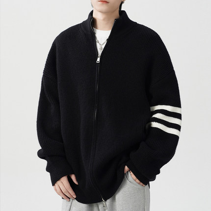 秋季新款提花三条杠毛衣潮流休闲韩版ins百搭针织衫男情侣款外套