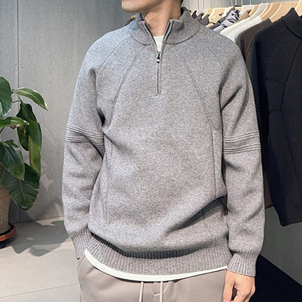 2025新款男士新款立领毛衣潮牌落肩青年线衣半高领拉链休闲针织衫
