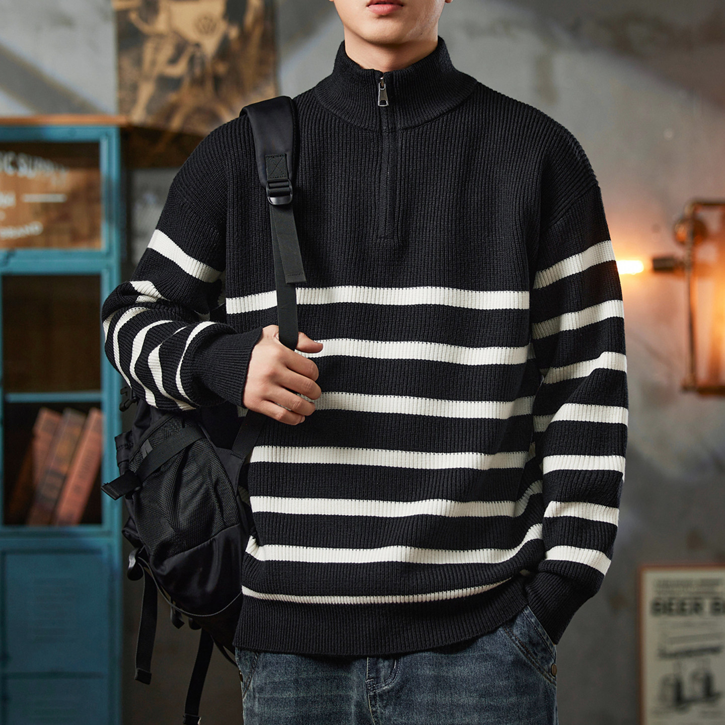 半高领拉链条纹毛衣男秋冬季2025新款宽松套头打底针织衫男生潮牌