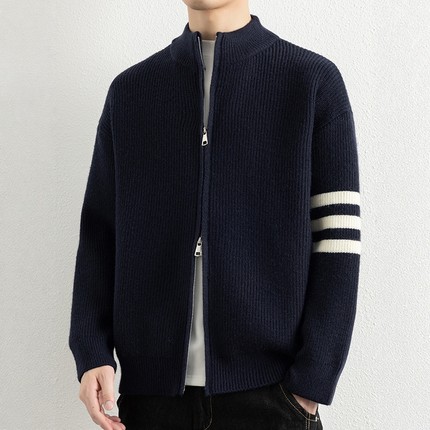 秋冬新款双拉链简约纯色提花针织毛衣男宽松百搭情侣休闲开衫外套