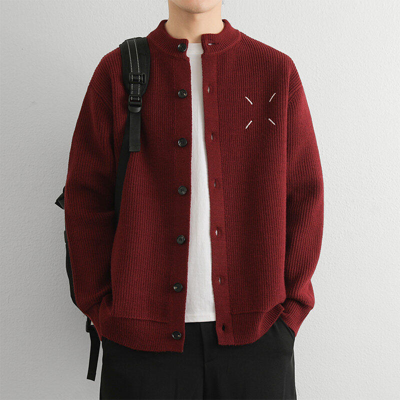 高级感立领针织开衫外套男款春秋季潮牌夹克男士刺绣毛线衣服褂子