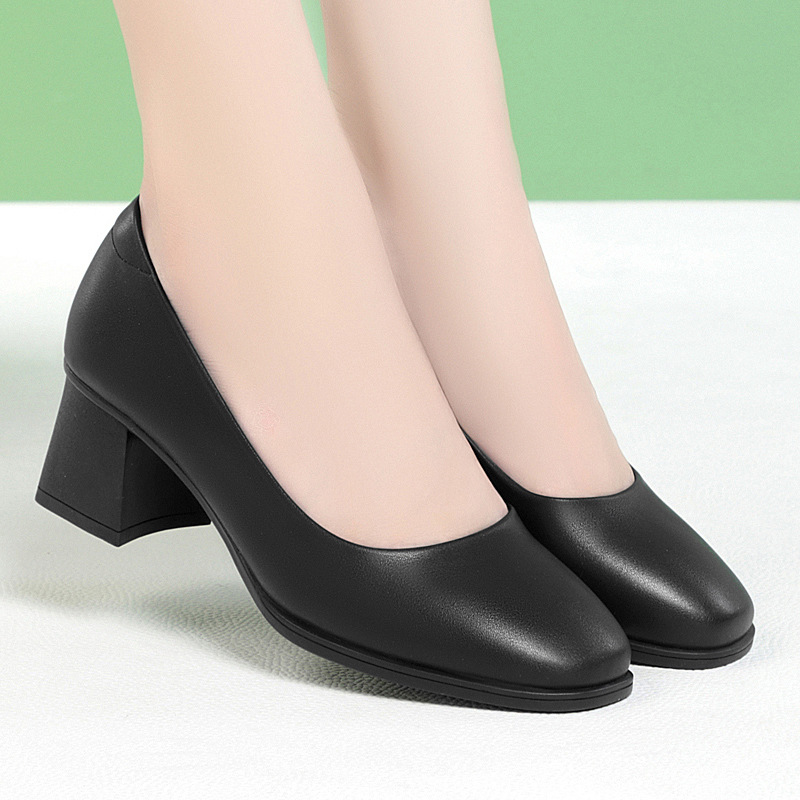 官方特卖正品久站不累脚软底职业礼仪高跟鞋女粗跟圆头黑色空姐面