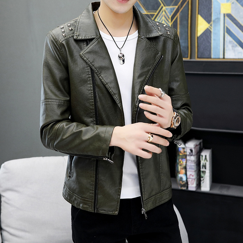 官方正品2025春秋新款男士皮衣翻领时尚皮夹克休闲外套韩版潮流修