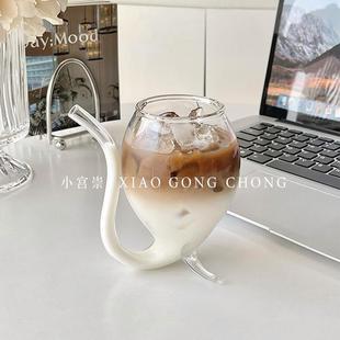新疆 高脚吸管杯咖啡杯冷饮杯气泡水杯 包邮 ins风吸血鬼玻璃杯个性