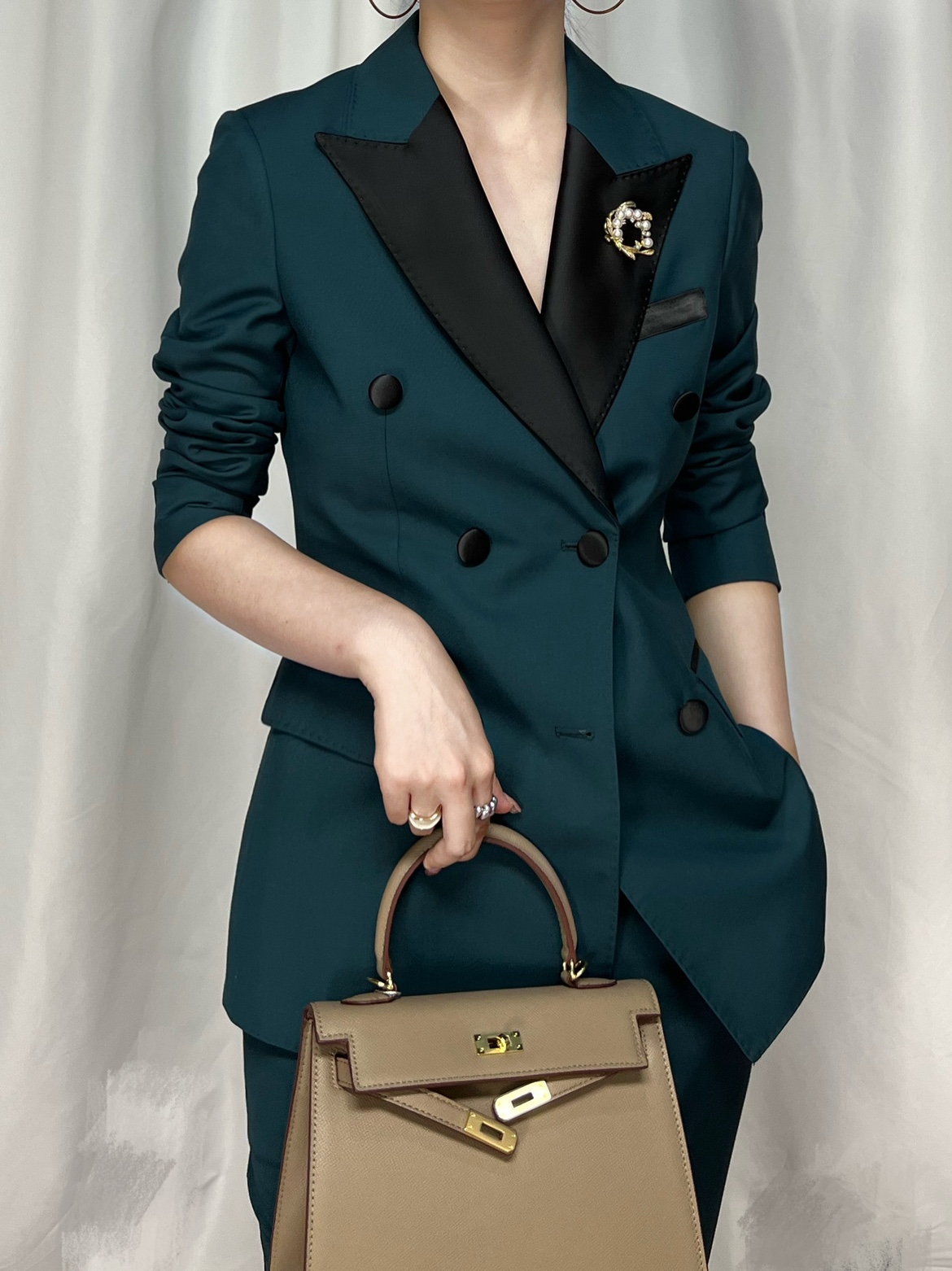 秒杀清仓去库存原创墨绿色礼服双排扣时尚主持人高级感西服套装