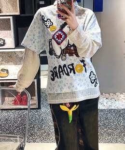 碎花印花假两件长袖 现货2026春新品 马上有钱 涂鸦感 宽松T 新年款