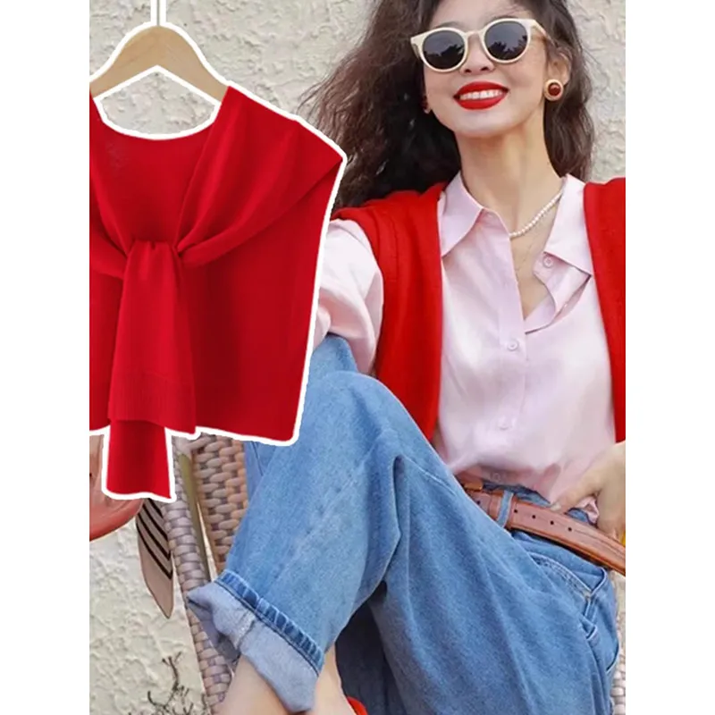 针织小披肩女过年大红色春秋冬季护颈外搭肩坎肩毛衣衬衫网红围巾