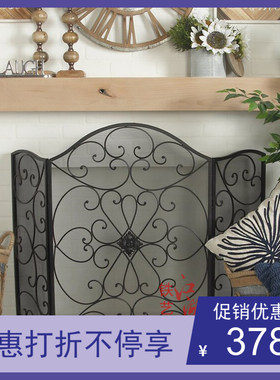 美式定制尺寸罗马铁艺黑色屏风隔断带网三折客厅壁炉门火炉围新品