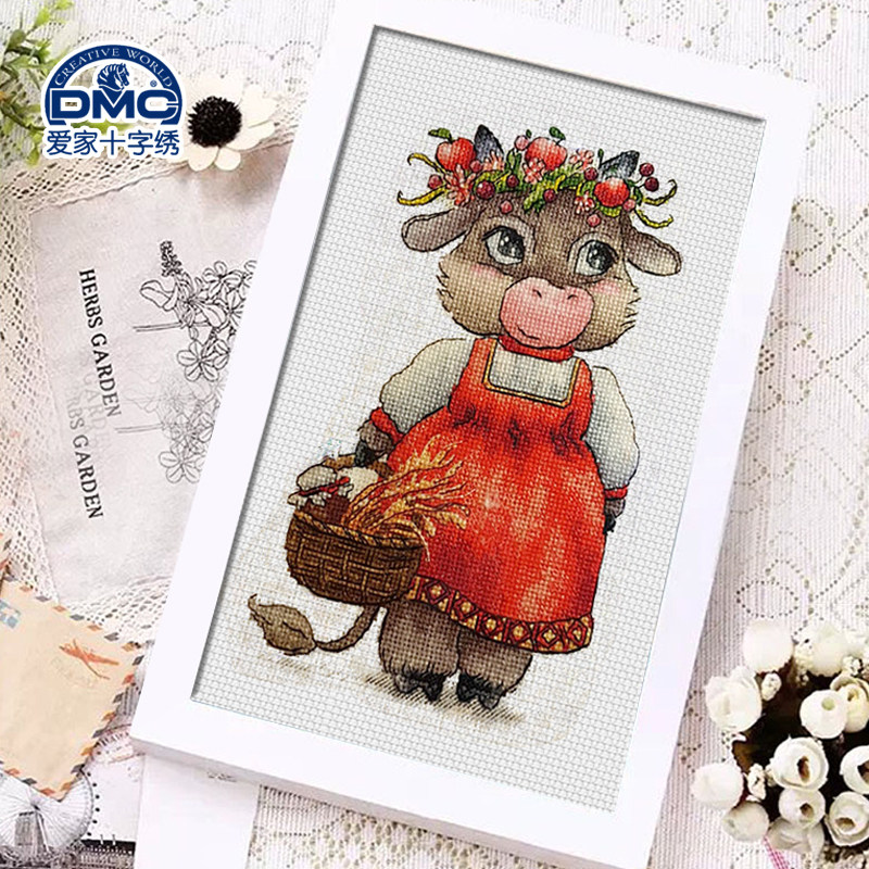 法国dmc十字绣套件 动物图案 客厅卧室 精准印花 新年花环小牛