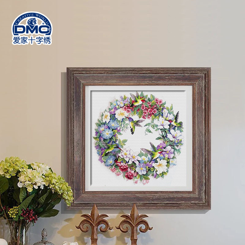 dmc十字绣套件  客厅 卧室 精准印花 蜂鸟花环