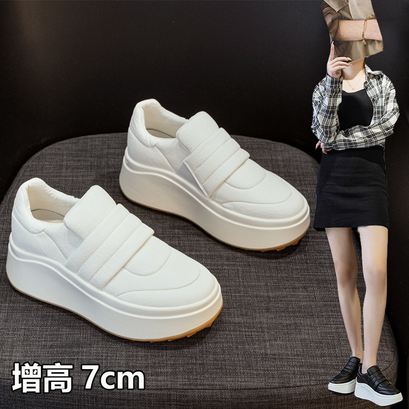 2026春季皮面一脚蹬小白鞋女小个子增高7厘米厚底面包鞋小码3233