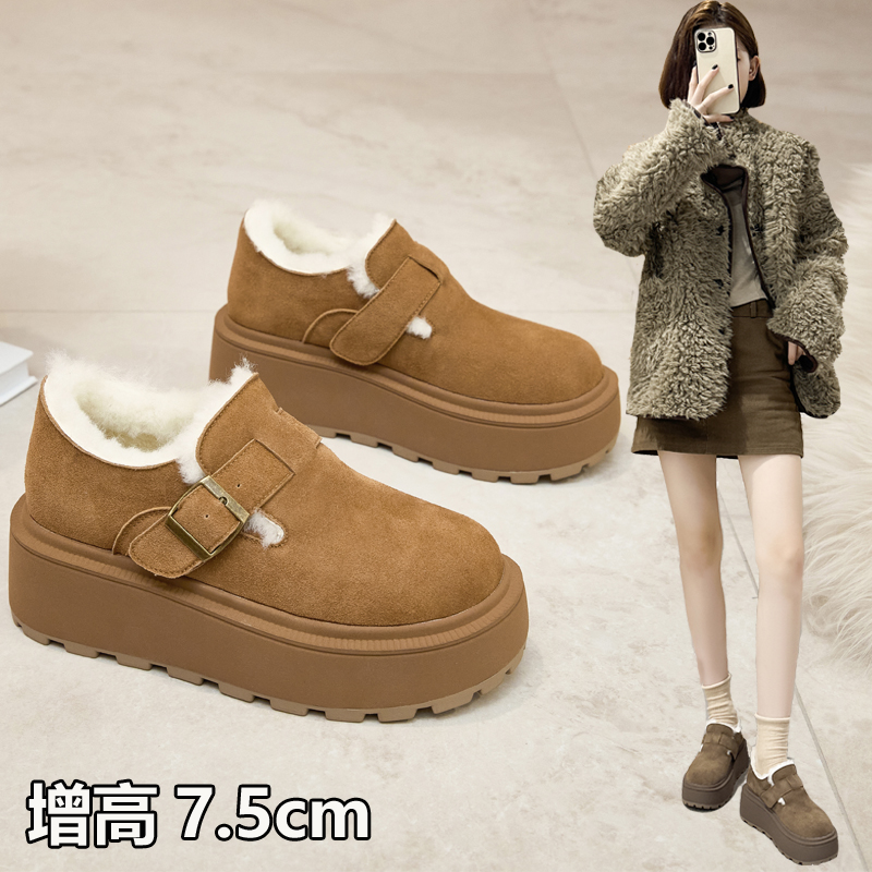 冬季加绒保暖勃肯鞋厚底小个子7厘米真皮显脚小雪地靴女小码3233