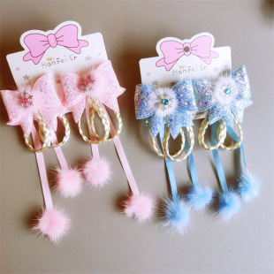 儿童蝴蝶结毛绒毛球发夹公主雪花假发汉服头饰女童女孩冰雪发饰品