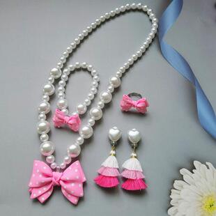 可爱蝴蝶结项链手链儿童女童女孩配饰戒指耳夹耳环公主套装首饰品