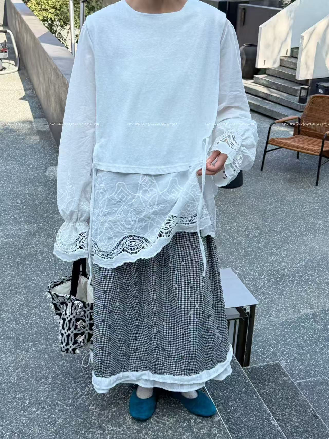 现货Koid 2026秋女装新款韩版圆领下摆蕾丝花边拼接宽松长袖T恤女