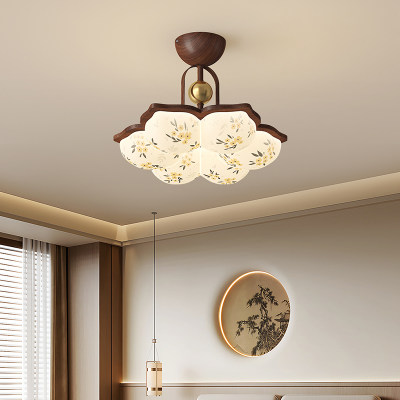 卧室吸顶灯复古印花胡桃木色2025新款中古风宋式美学护眼房间灯