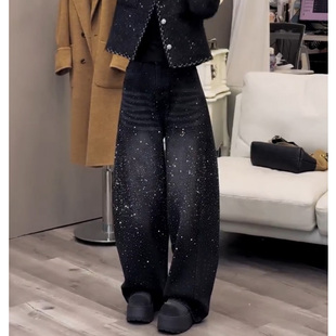 小个子牛仔裤女2025冬季新款裤子加绒加厚长裤时尚烫钻阔腿弯刀裤