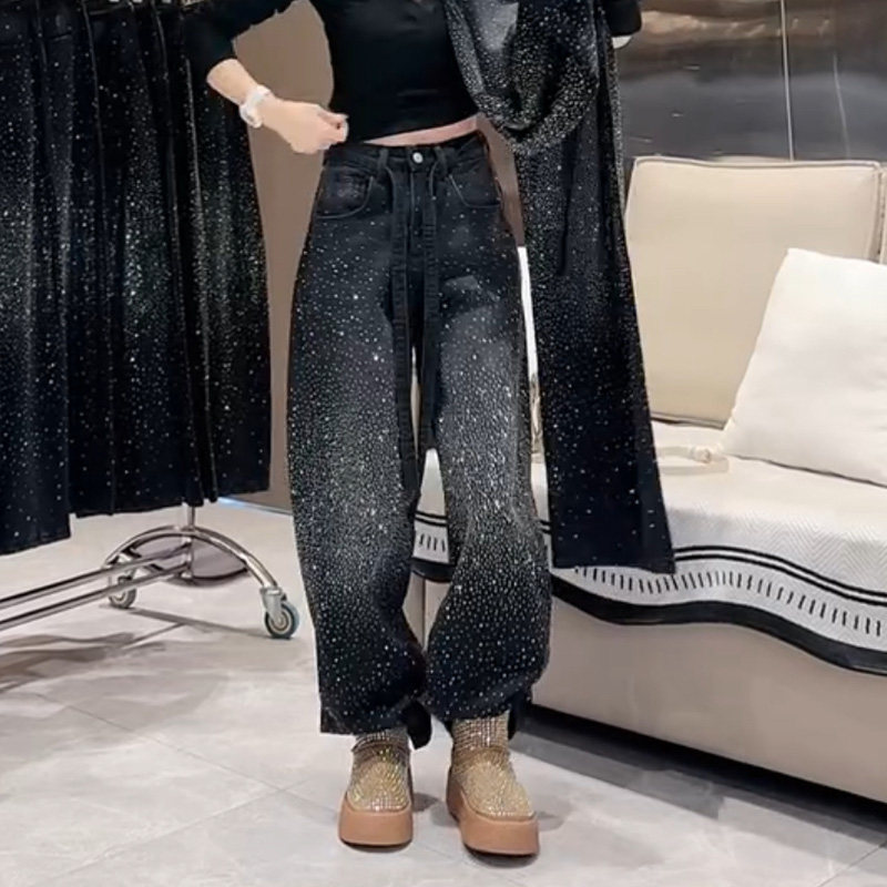 小个子牛仔裤女2025年冬季新款高腰加绒加厚满天星烫钻弯刀直筒裤,女装/女士精品,牛仔裤,淘宝优惠券,粉丝福利购,淘宝优惠卷