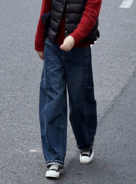 小个子蓝色牛仔裤女2025年新款冬季裤子加绒加厚弯刀裤宽松直筒裤