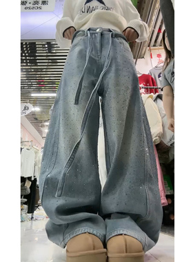 小个子蓝色牛仔裤女士2025年冬季新款裤子加绒加厚烫钻弯刀直筒裤