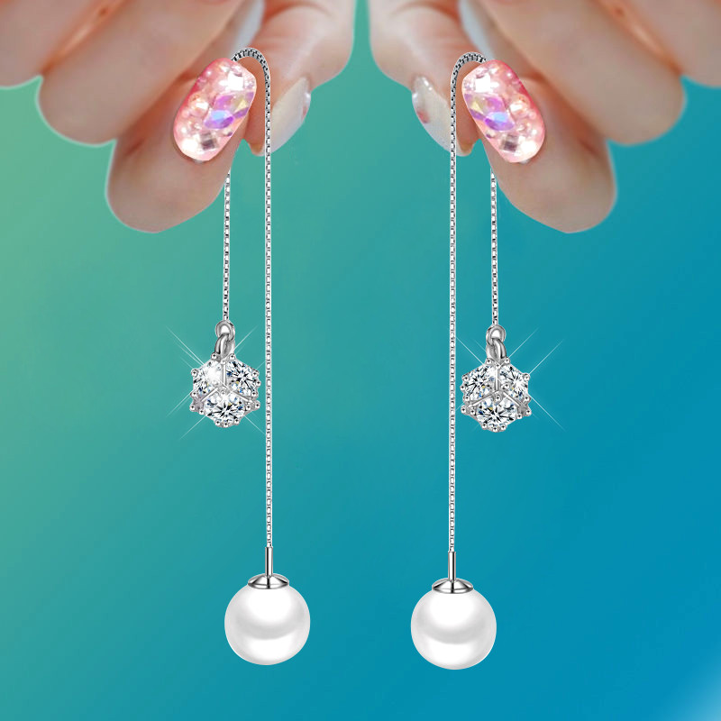 超长款925纯银耳线 韩国气质名媛简约性感银耳坠防过敏女锆石耳钉