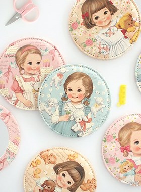 韩国进口afrocat甜美英伦洋娃娃圆形皮质小手镜便携化妆补妆镜子