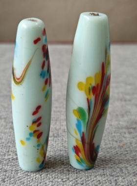 藏品清末古法手工白玉色三彩凤凰长莲子老琉璃珠尺寸50*15mm配珠