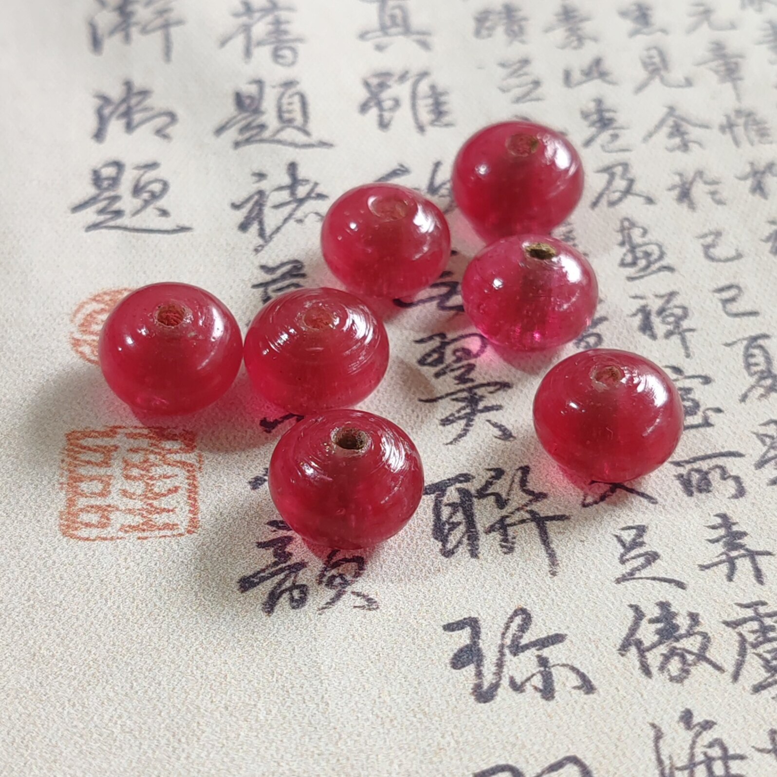 古法手工金红13/10㎜老琉璃扁圆珠散珠佛珠配珠饰品配饰文玩配珠