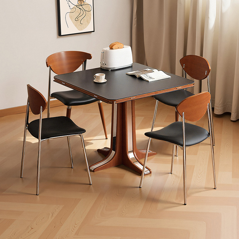 莫兰迪岩板实木圆餐桌可伸缩法式复古正方形小户型折叠餐桌椅组合