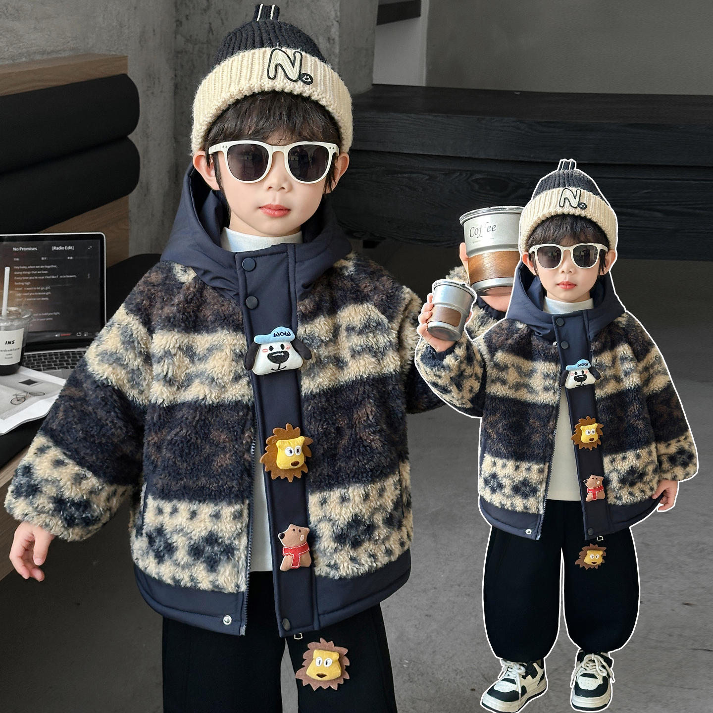 中小童加绒加厚连帽外套冬季新款男孩休闲毛毛衣2025新款儿童上衣