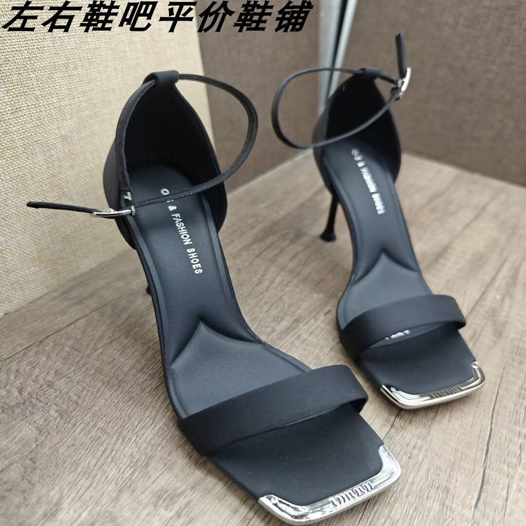 2025新款性感方头露趾细跟凉鞋女百搭气质一字带扣高跟鞋女鞋