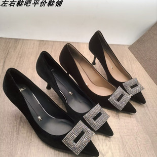 2025新款轻奢水钻金丝绒方扣尖头高跟鞋女细跟浅口单鞋通勤百搭