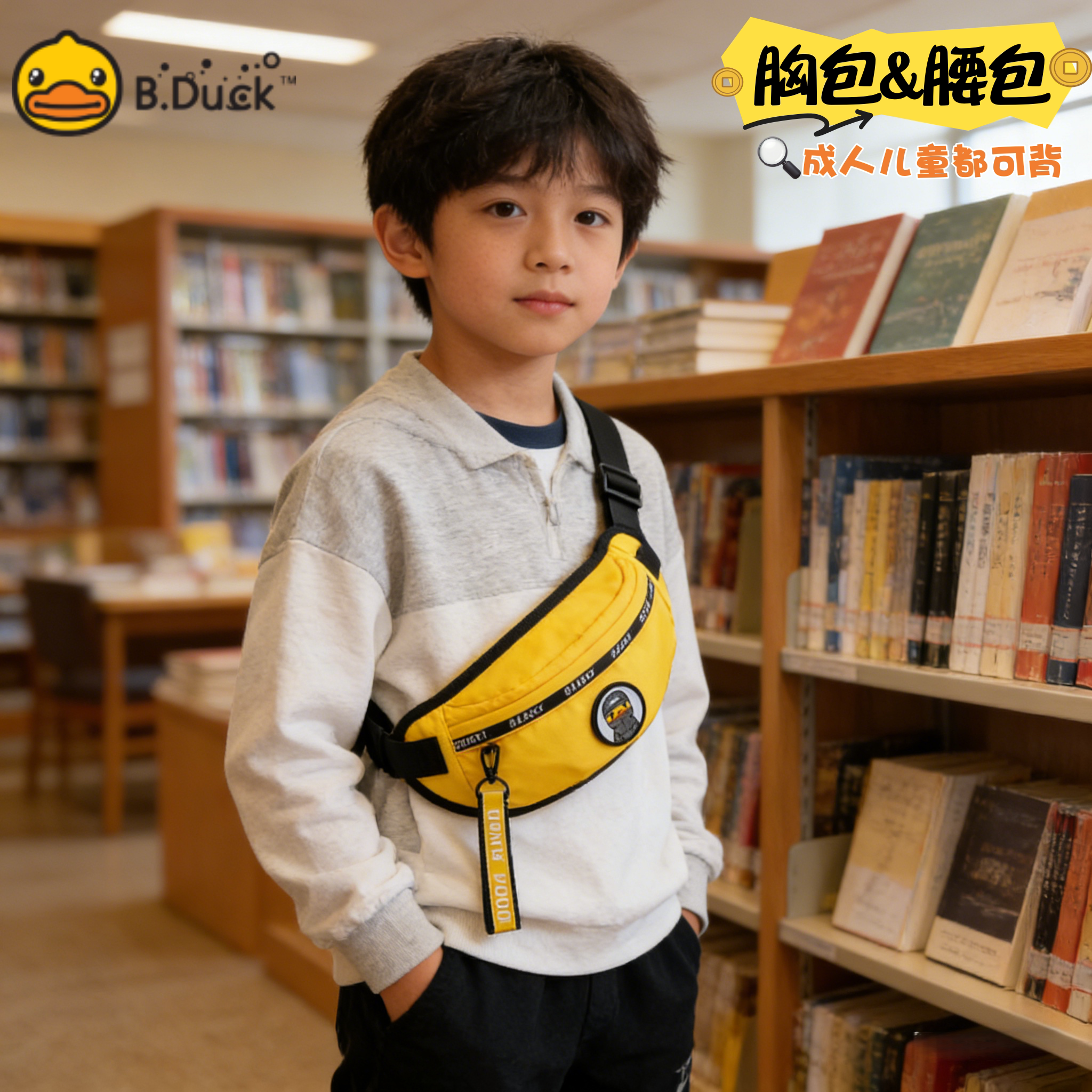 B.Duck小黄鸭儿童斜挎包男女童轻便成人胸包腰包休闲百搭外出小包