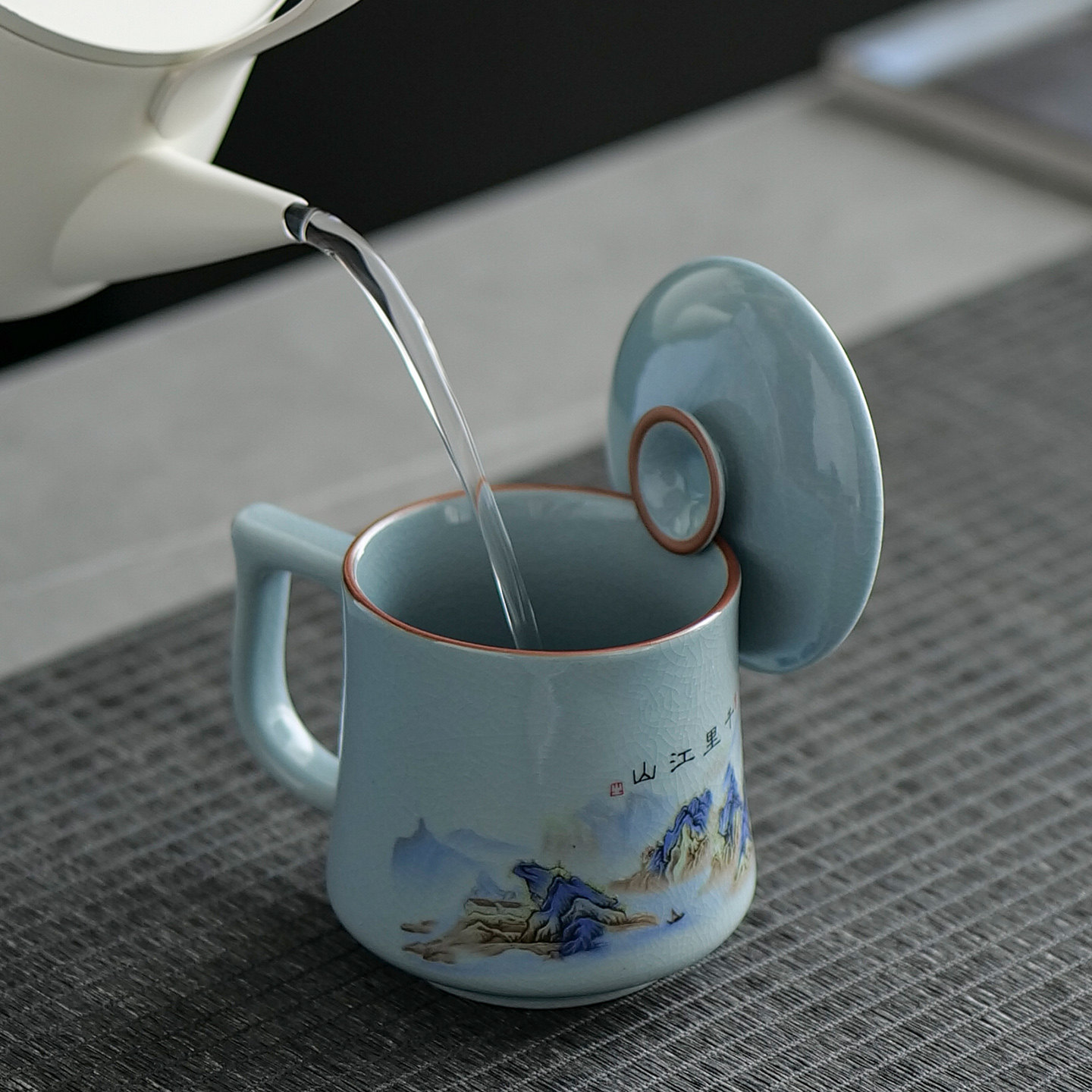 汝窑茶杯陶瓷带盖防烫马克杯个人专用办公室水杯泡茶杯子定制礼盒