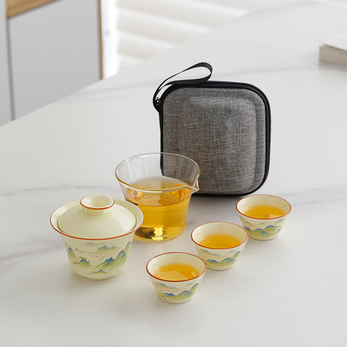 便携收纳快客杯一壶三杯盖碗