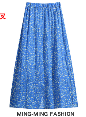 漂亮好看蓝色碎花半身裙女夏季2026新款松紧腰中长款裙子A字伞裙