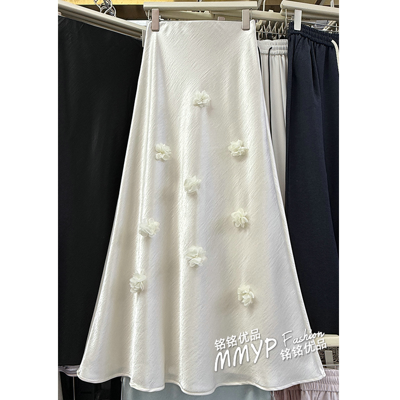 新中式国风立体花朵长款半身裙夏季2025新款醋酸缎面显瘦裙子长裙